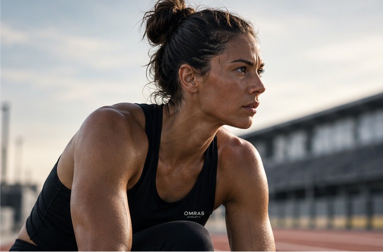 A female athlete leaning forward at the start of a running track